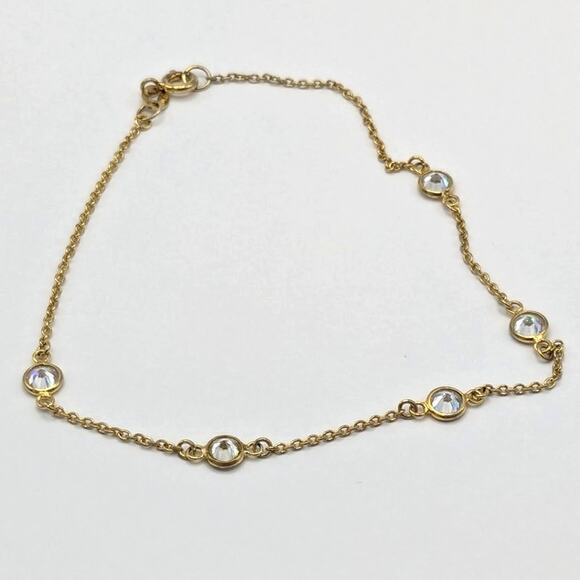 Gold Over Sterling Silver 925 Crystal Station Chain Anklet Ankle Bracelet - Picture 4 of 6